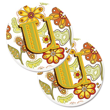 Letter U Floral Mustard And Green Set Of 2 Cup Holder Car Coaster